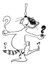 Ein Waschbär jongliert mit Fragezeichen.