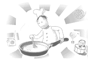 Ein Koch rührt ein Gericht in einer großen Pfanne um