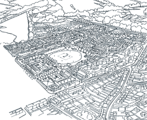 Stadtplanerischer Entwurf: Blick auf eine skizzierte Stadt aus der Vogelperspektive