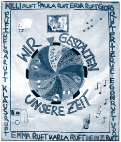Plakat mit einem gemalten Rad und anderen Elementen und der Aufschrift: Wir gestalten unsere Zeit