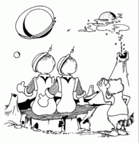 Der Waschbär steht neben zwei Astronauten auf einem fernen Planeten.